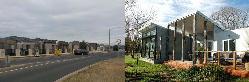  Left, a typical Australian suburban street, the same housing type being replicated all over the country, regardless of climate, topography or history. Right, site specific, climate specific, occupant specific design. Photo courtesy Unicorn Architecture. 